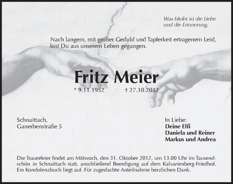  Traueranzeige für Fritz Meier vom 29.10.2012 aus Pegnitz-Zeitung